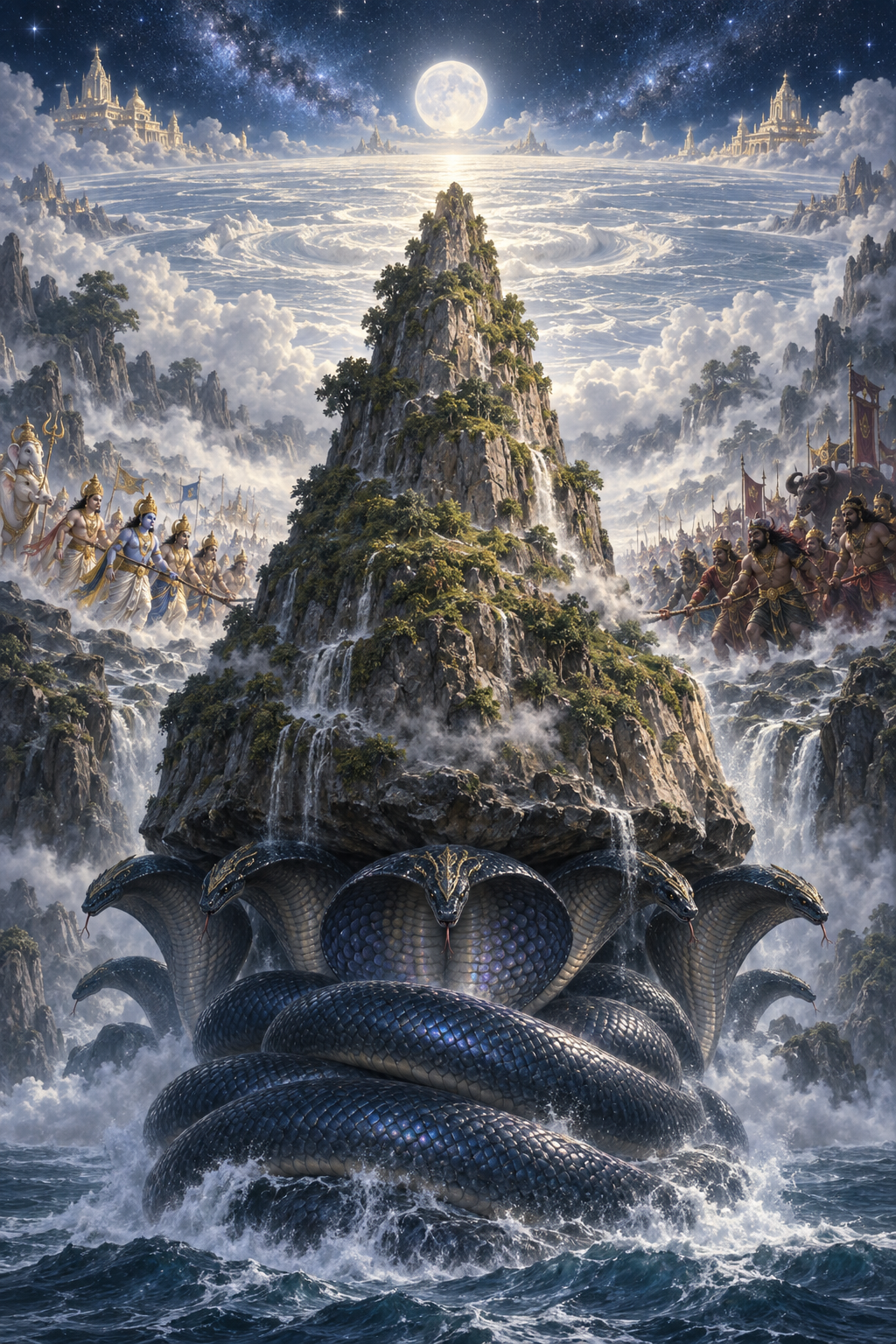 Ananta Shesha supports Mount Mandara below a starry sky while devas and asuras accompany it toward the shining Ocean of Milk.
