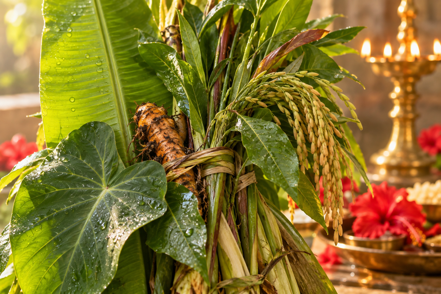 Dew-covered leaves, rice panicles, a turmeric rhizome and bound stems show the living textures of a Nabapatrika cluster.