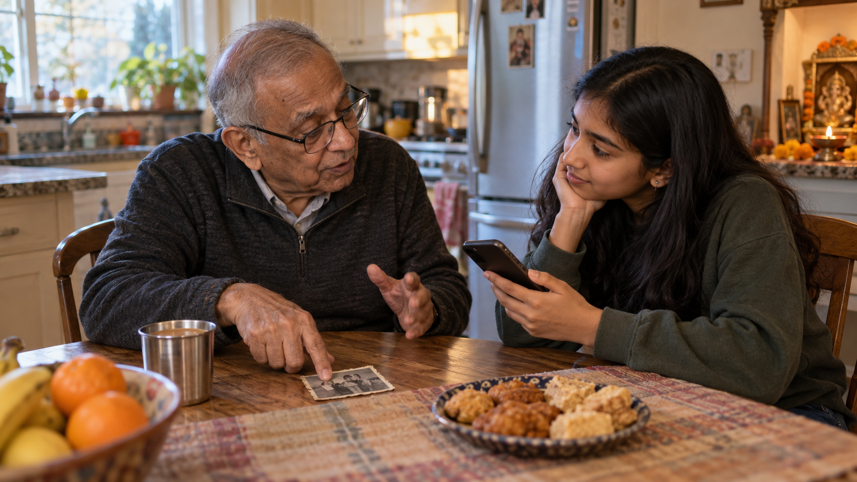 A grandfather shares an old family photograph with his teenage granddaughter as she records their conversation on a phone at a kitchen table.