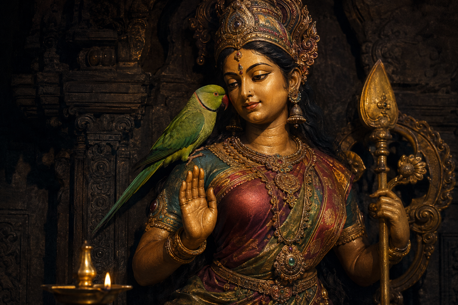 A close three-quarter view shows a green parakeet perched near the face and raised hand of an adorned Goddess figure in a carved temple niche.