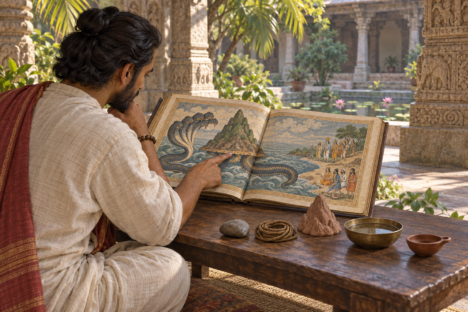 A reader studies a wordless painted folio of Ananta Shesha lifting Mount Mandara, with five small objects arranged beside it for reflection.