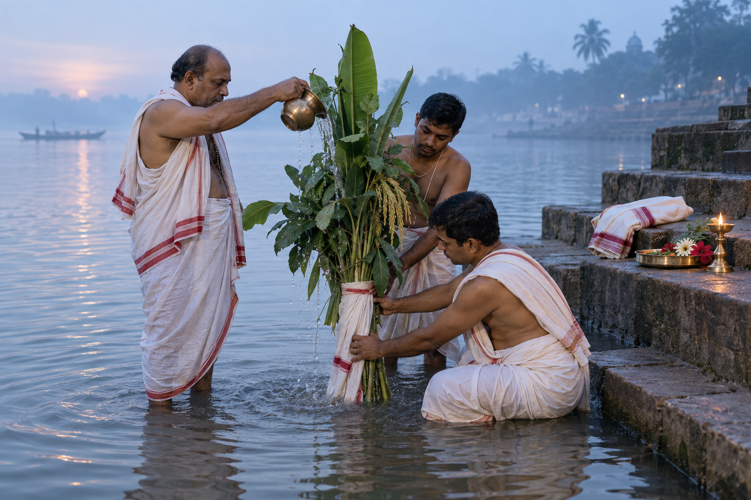 A priest and attendants bathe a bound Nabapatrika with water from a brass vessel at a riverside ghat before sunrise.