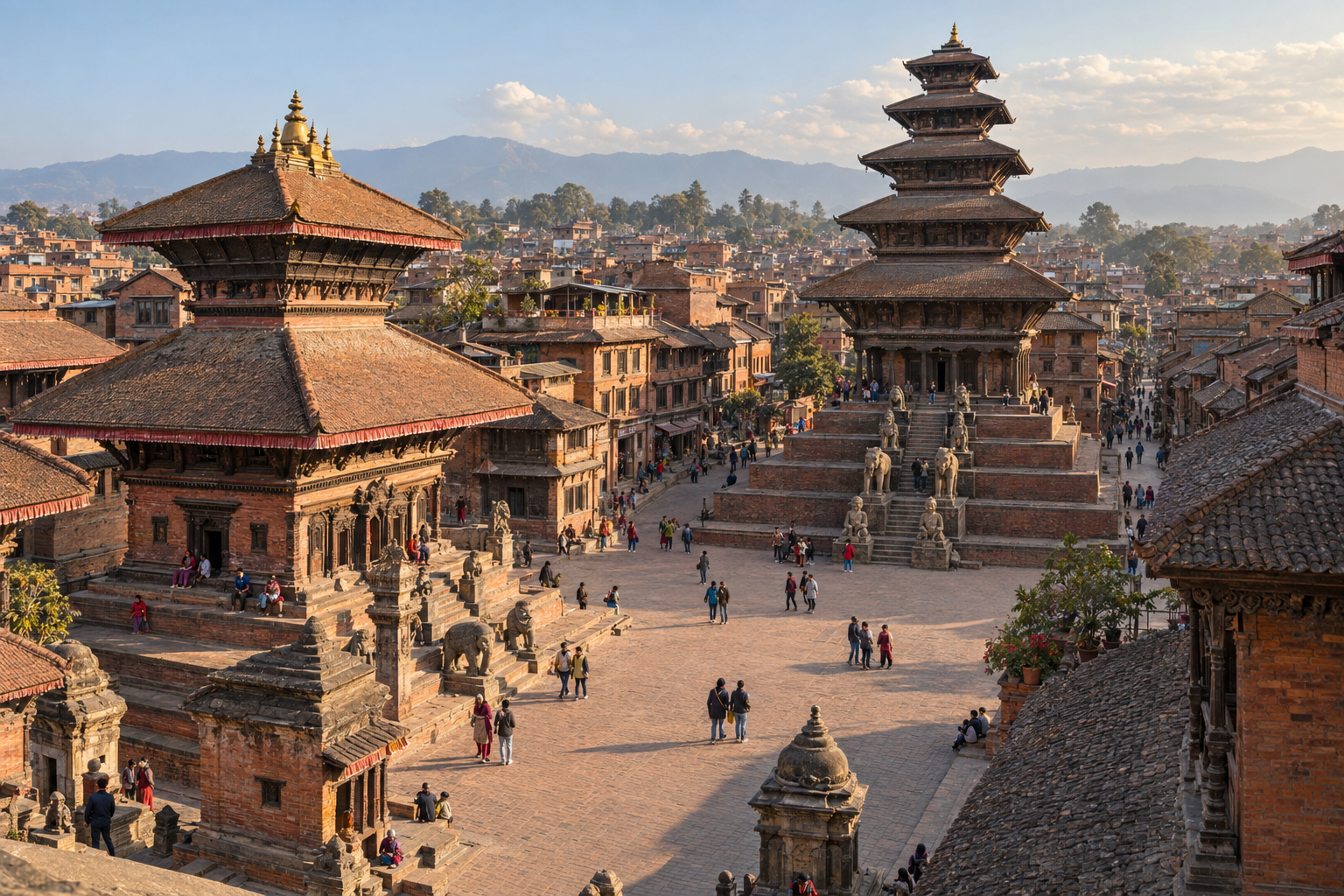 Elevated view of Taumadhi Square showing Bhairavnath Temple, Nyatapola Temple, surrounding Newar buildings, lanes, and pedestrians.