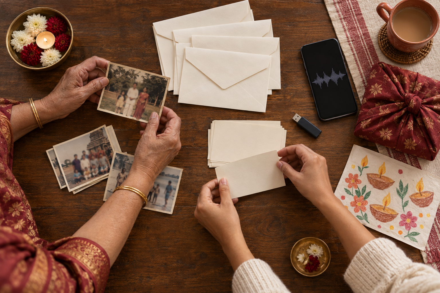 Older and younger hands organize family photographs, blank archive envelopes, recordings, recipe cards, and a child's festival drawing on a table.