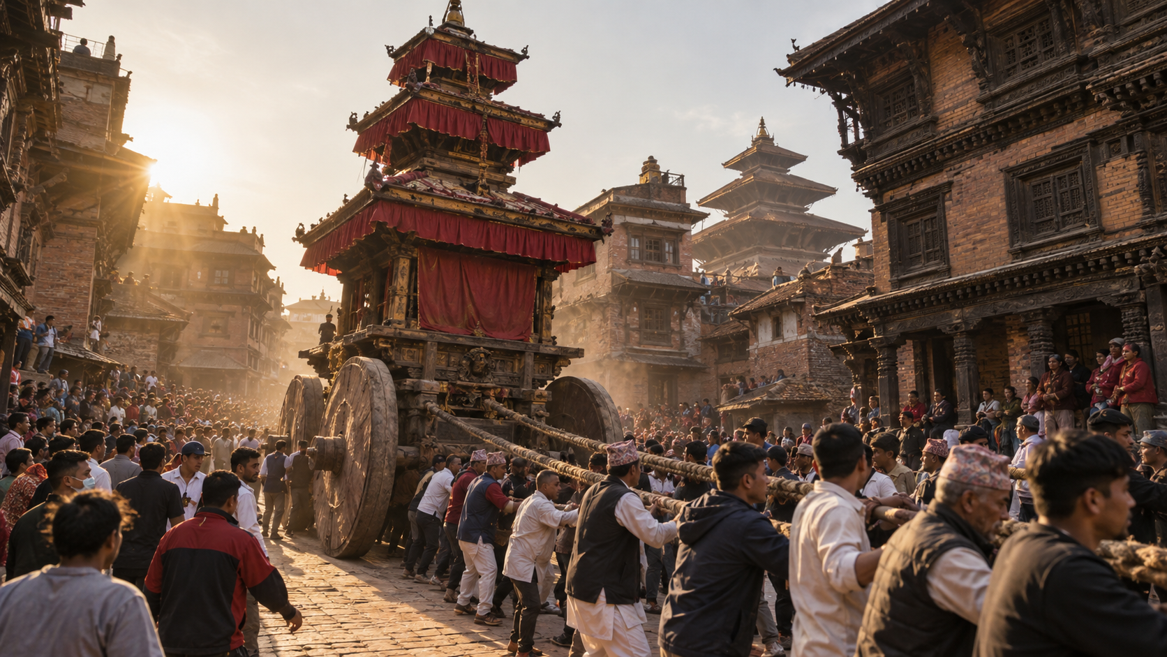 Festival participants pull Bhairavnath's tall wooden chariot with heavy ropes through a brick-lined street during Biska Jatra.