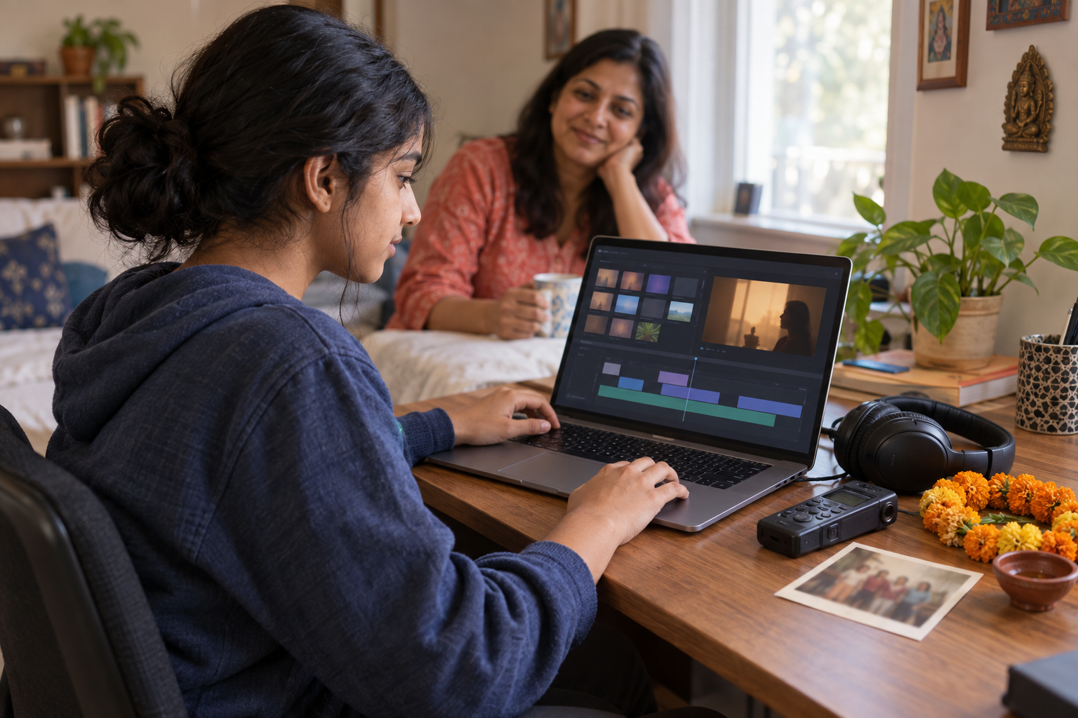 A Hindu American teenager edits an oral-history video at a desk while a parent watches supportively from the background.