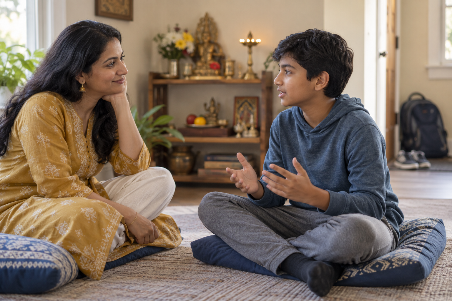 A mother listens as her school-age son practices explaining a family tradition beside a small home puja shelf.