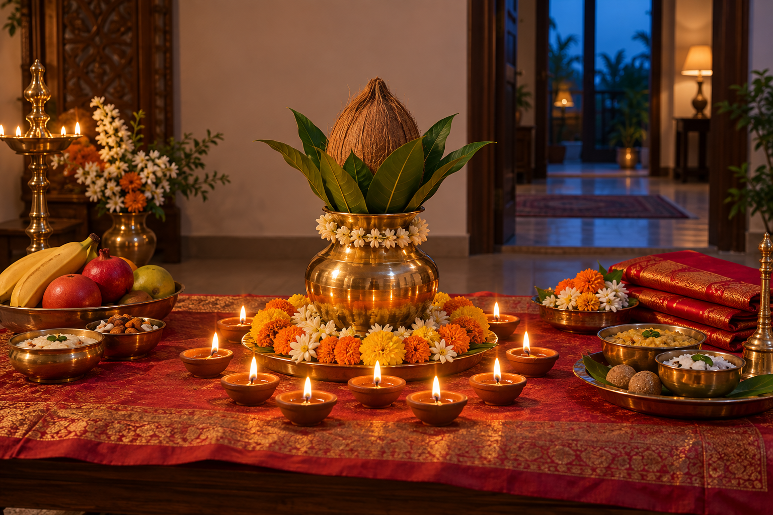 A home Navaratri shrine with a brass kalasha, coconut, mango leaves, flowers, nine clay lamps, fruit, and bowls of offerings.