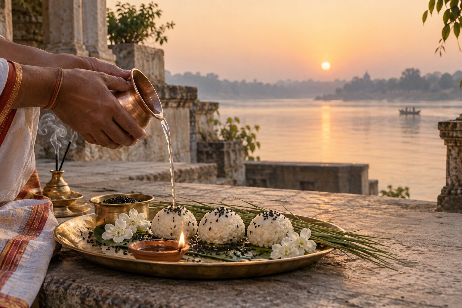Hands pour water from a copper vessel beside rice pindas, black sesame, darbha grass, flowers, and a lit clay lamp at dawn.