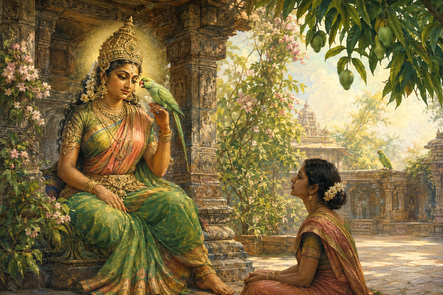 A seated Goddess holds a green parakeet near her face while a devotee listens quietly in a flower-lined temple pavilion.