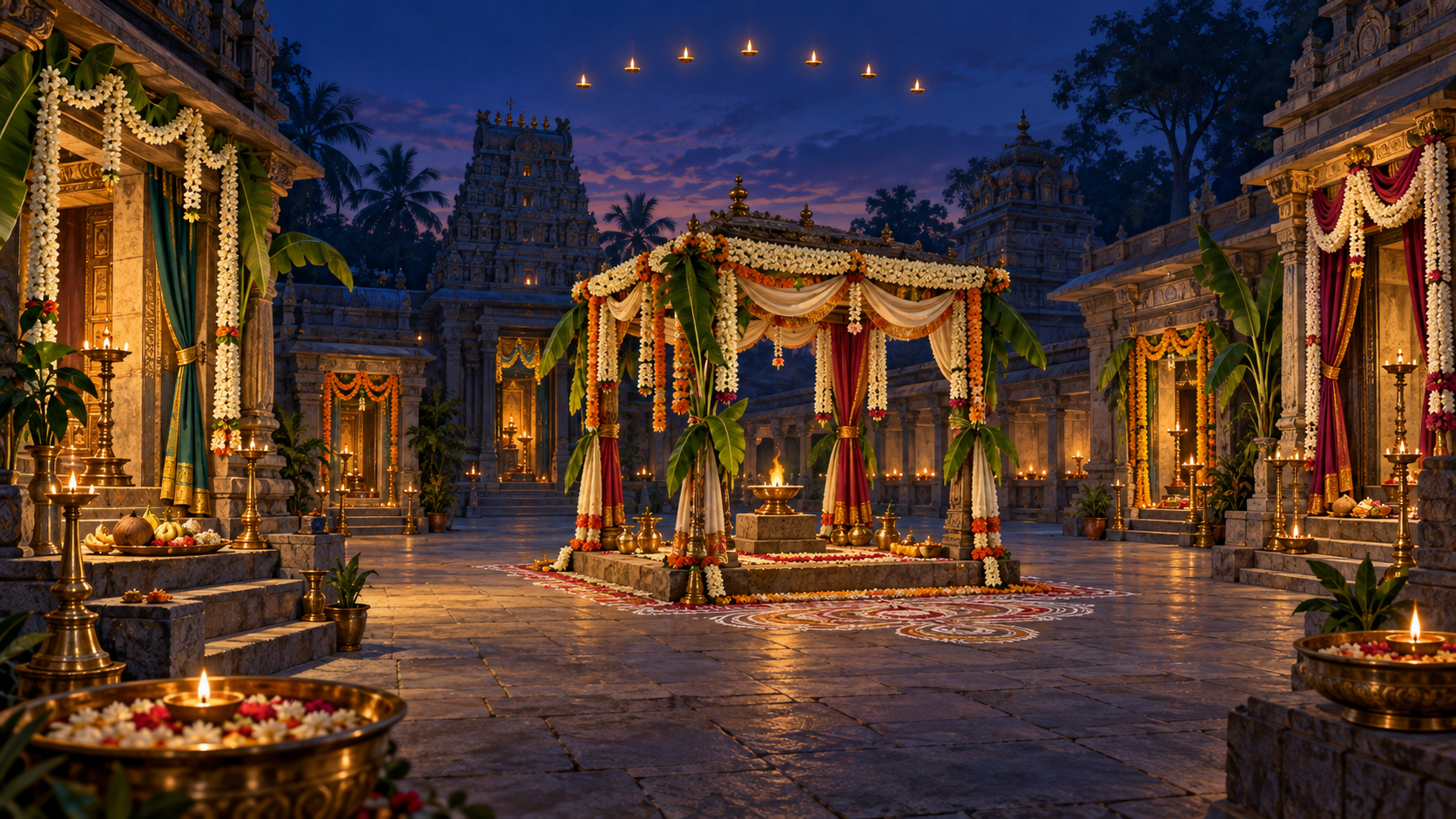 A flower-decorated temple courtyard at twilight with a central ceremonial pavilion, several separately adorned shrines, brass lamps, offerings, and nine lights against the evening sky.