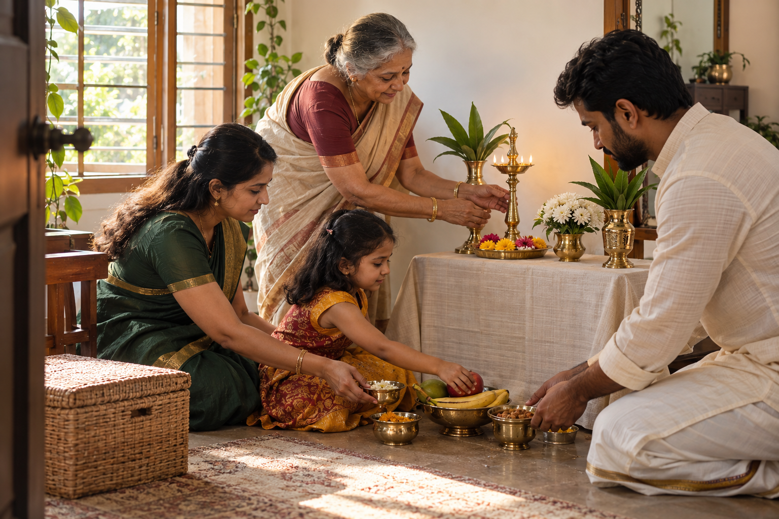 A multigenerational Indian family arranges lamps, flowers, fruit, and offering bowls at a simple home altar for Navaratri.