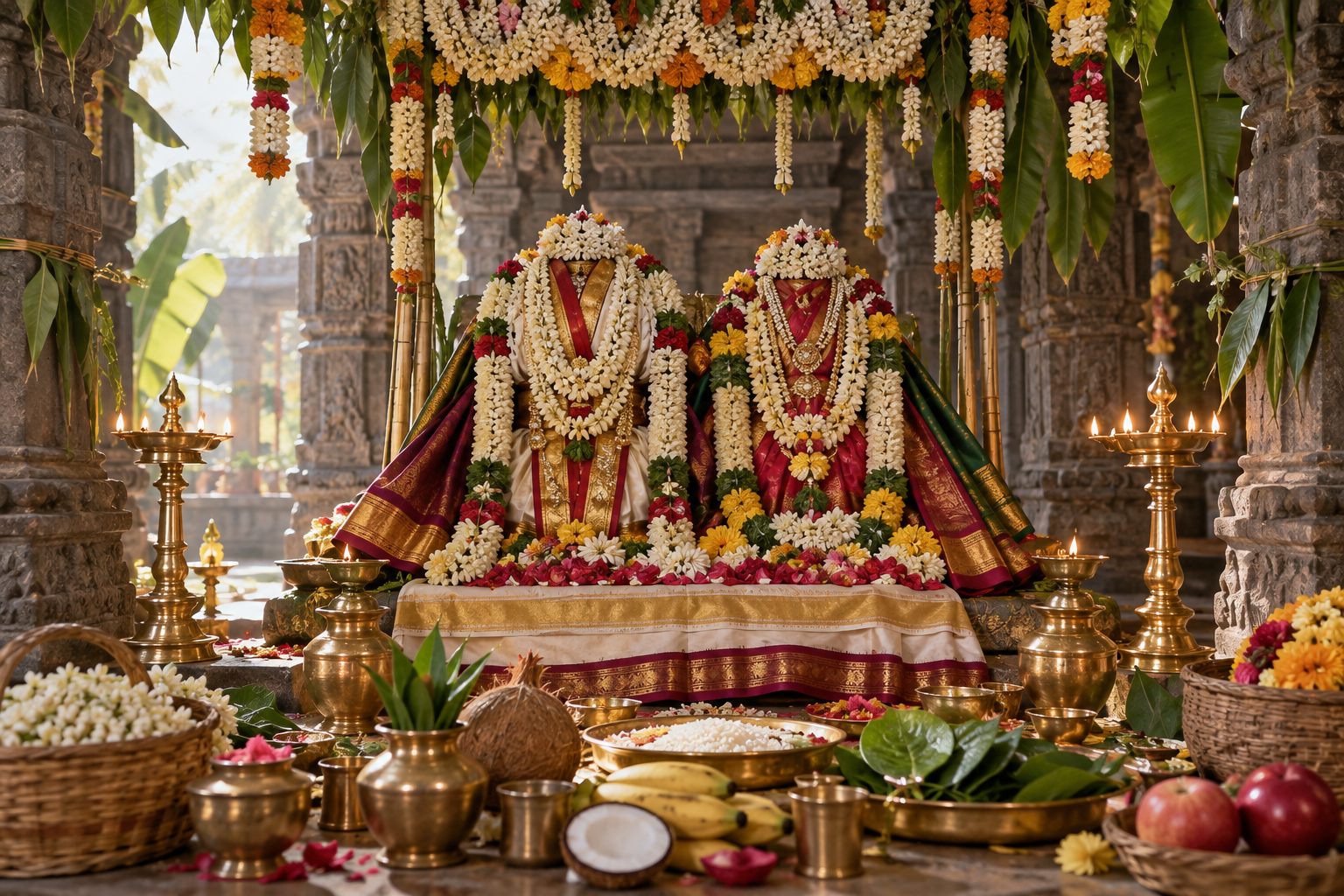Two flower-draped processional icons beneath a temple wedding canopy, surrounded by silk, brass lamps, fruit, coconuts, leaves, rice, and ritual vessels.
