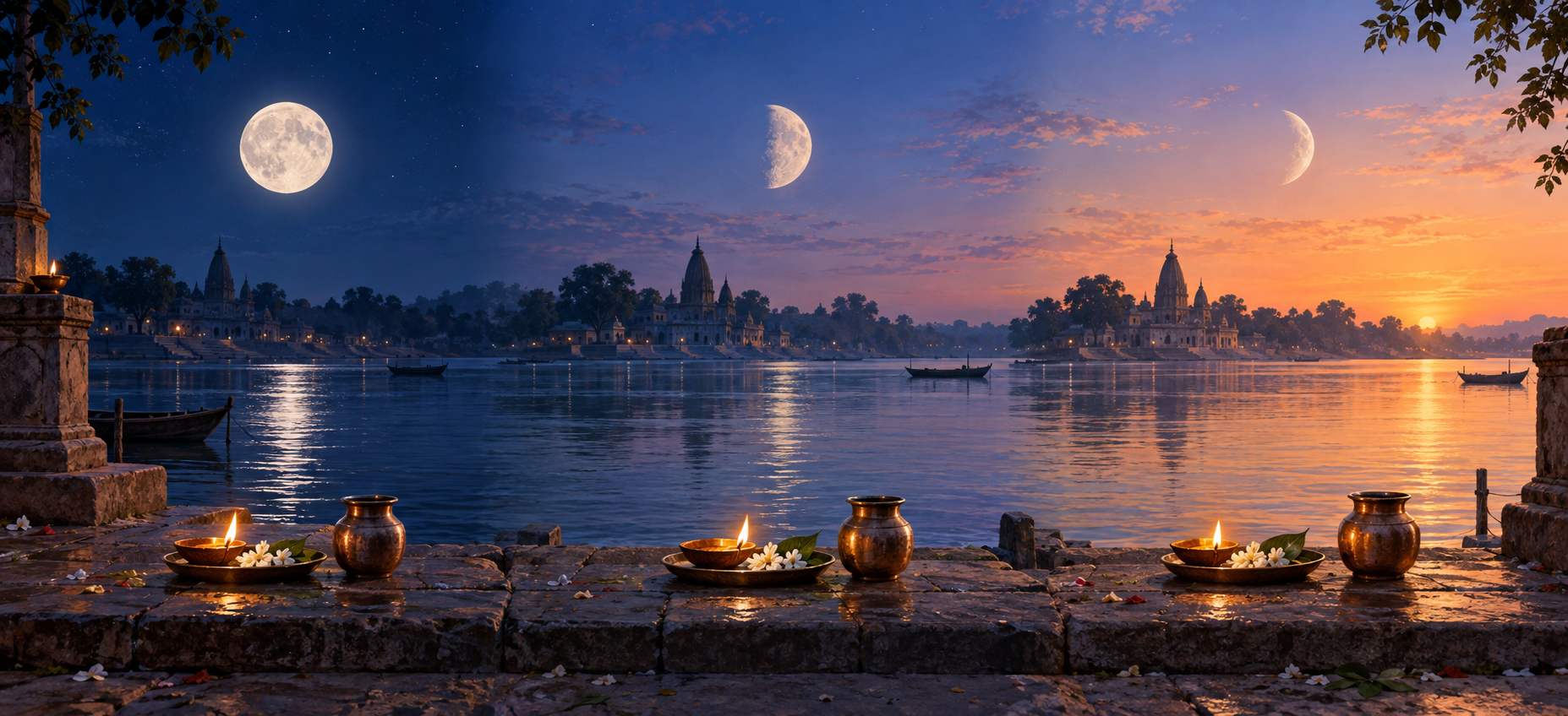 Three connected riverside dawn scenes show the moon changing from full to progressively waning above simple lamps and water vessels.