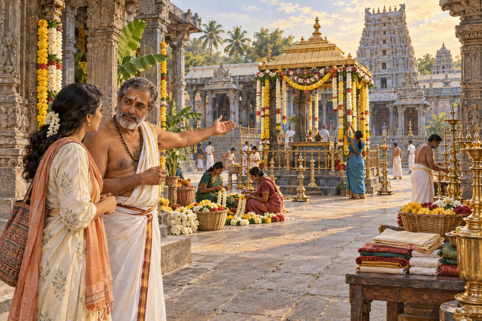 A devotee speaks with a temple attendant who gestures toward a separately decorated shrine while festival workers arrange flowers, lamps, textiles, and offerings.
