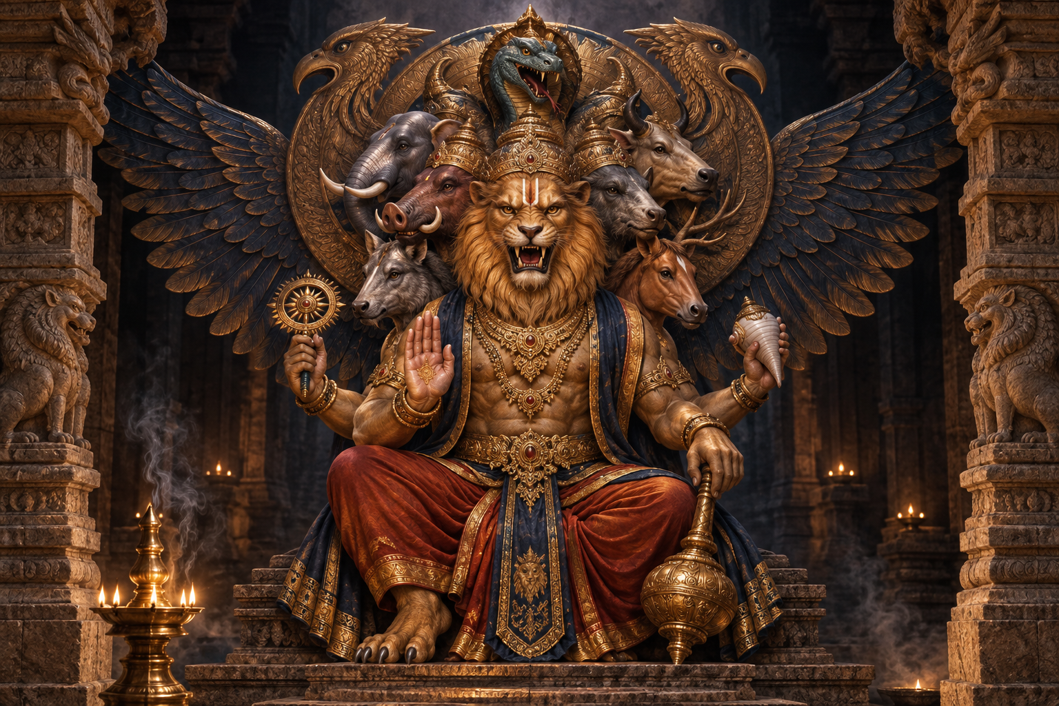 Original sacred-art illustration of an eight-faced Narasimha form with symmetrical wings standing at the entrance of a lamp-lit stone sanctuary.