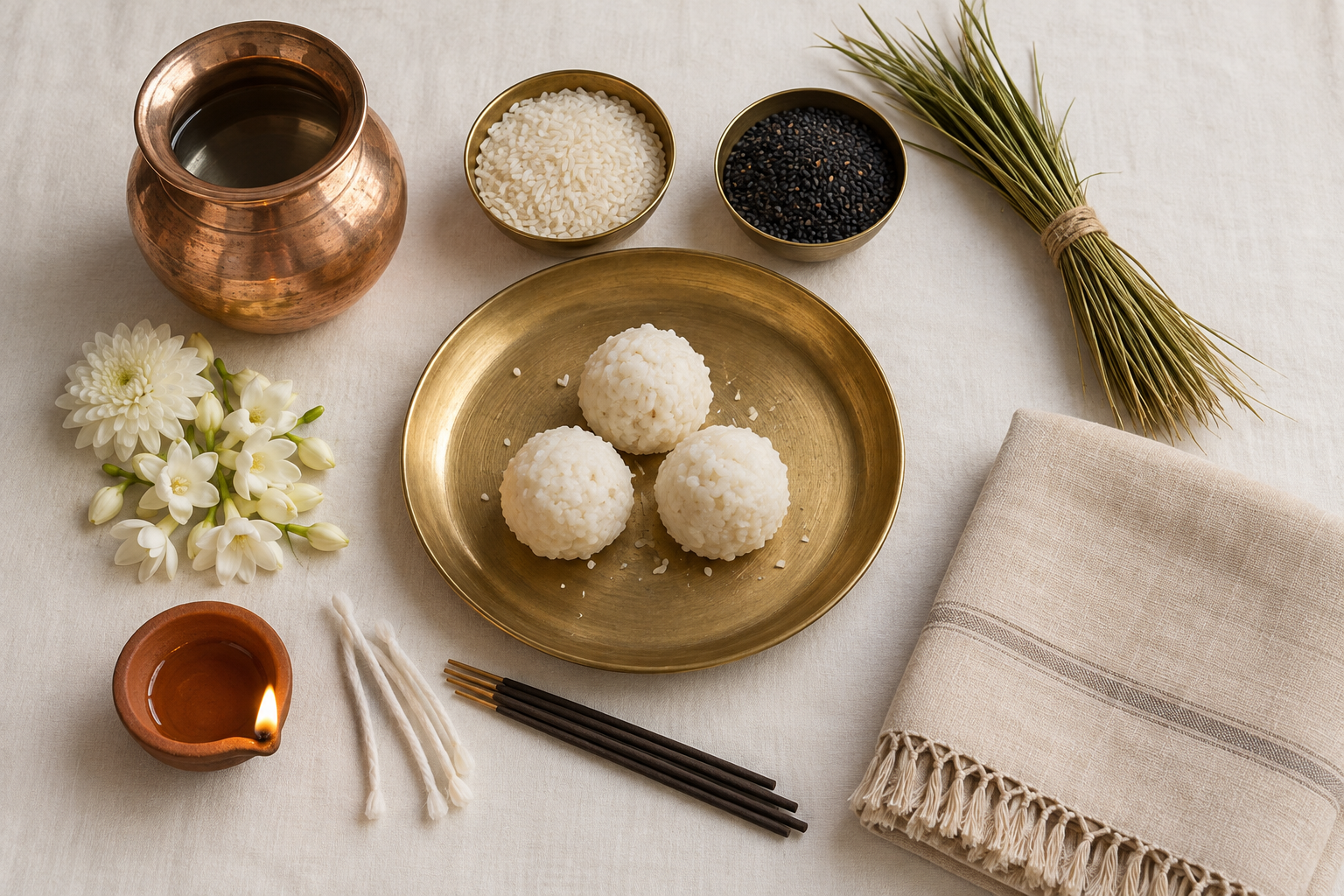 Copper and brass vessels, rice, black sesame, darbha grass, rice pindas, flowers, incense, and a clay lamp are arranged on a cream cloth.