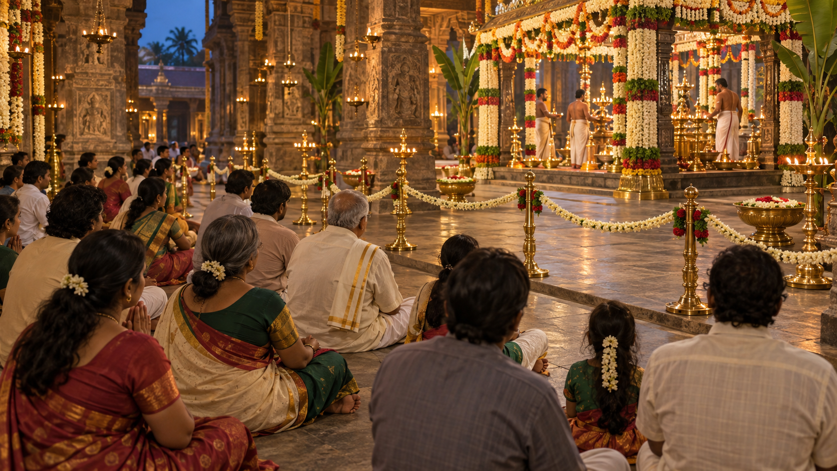 Devotees sit attentively behind a ceremonial boundary as temple officiants tend lamps and offerings beneath a flower-decorated pavilion.