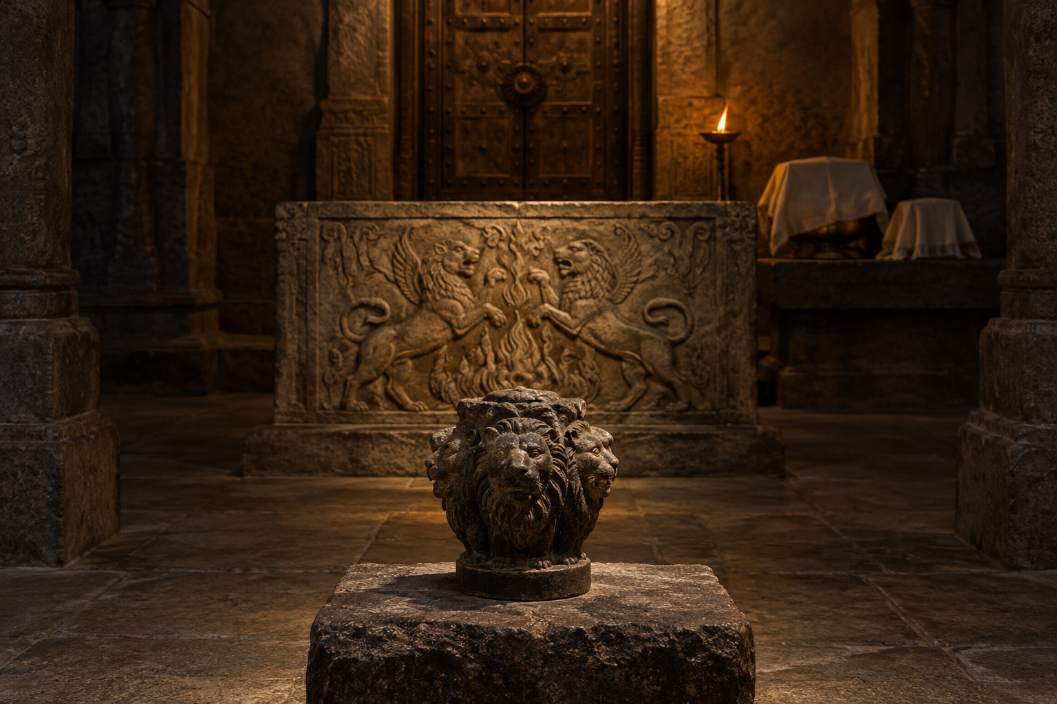 Three symbolic objects in a stone chamber represent a deity's identity, sacred narrative, and guarded ritual practice.