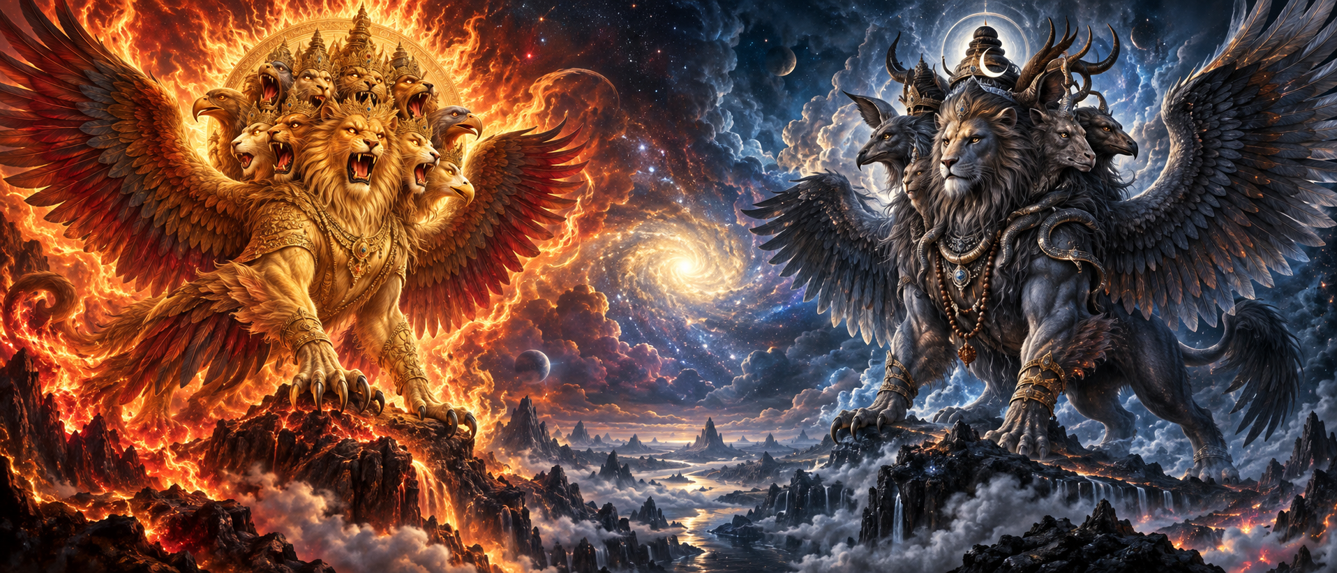 Two equally scaled winged composite divine forms face one another across a field of cosmic fire in a balanced mythological scene.