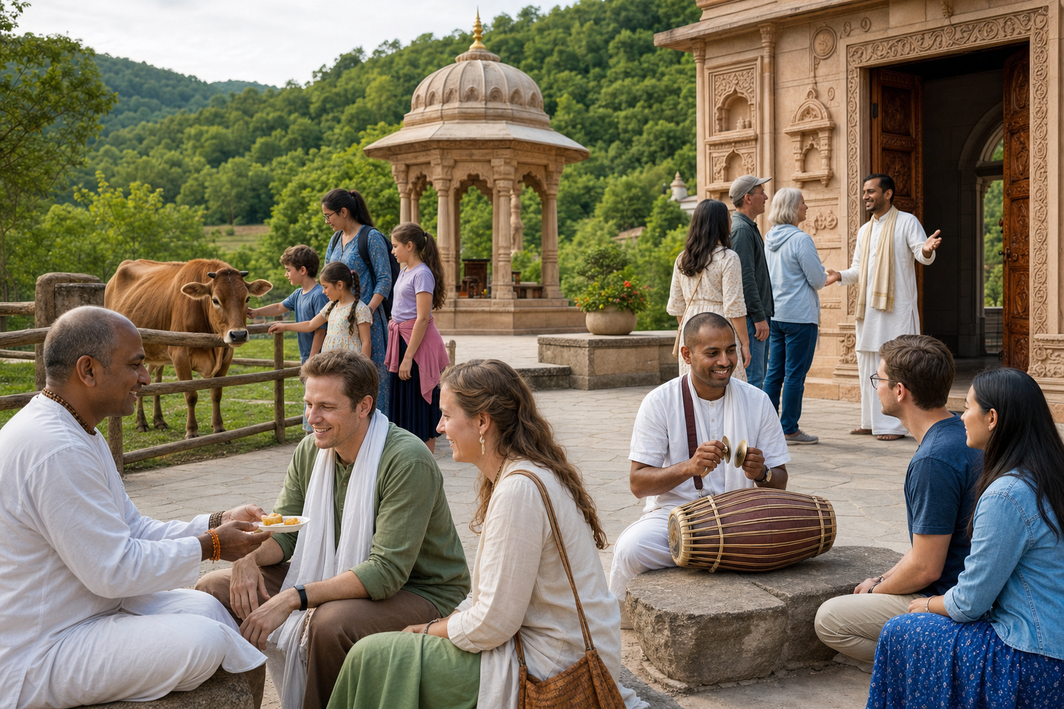 Visitors sample vegetarian food, meet a cow, explore devotional music, and enter a temple courtyard during an open house.