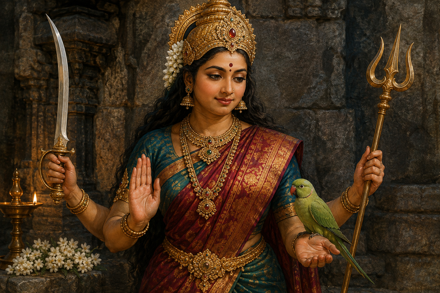 A Goddess holds a calm green parakeet in one hand while her other hands display a curved sword, a trident-like implement, and a protective gesture.