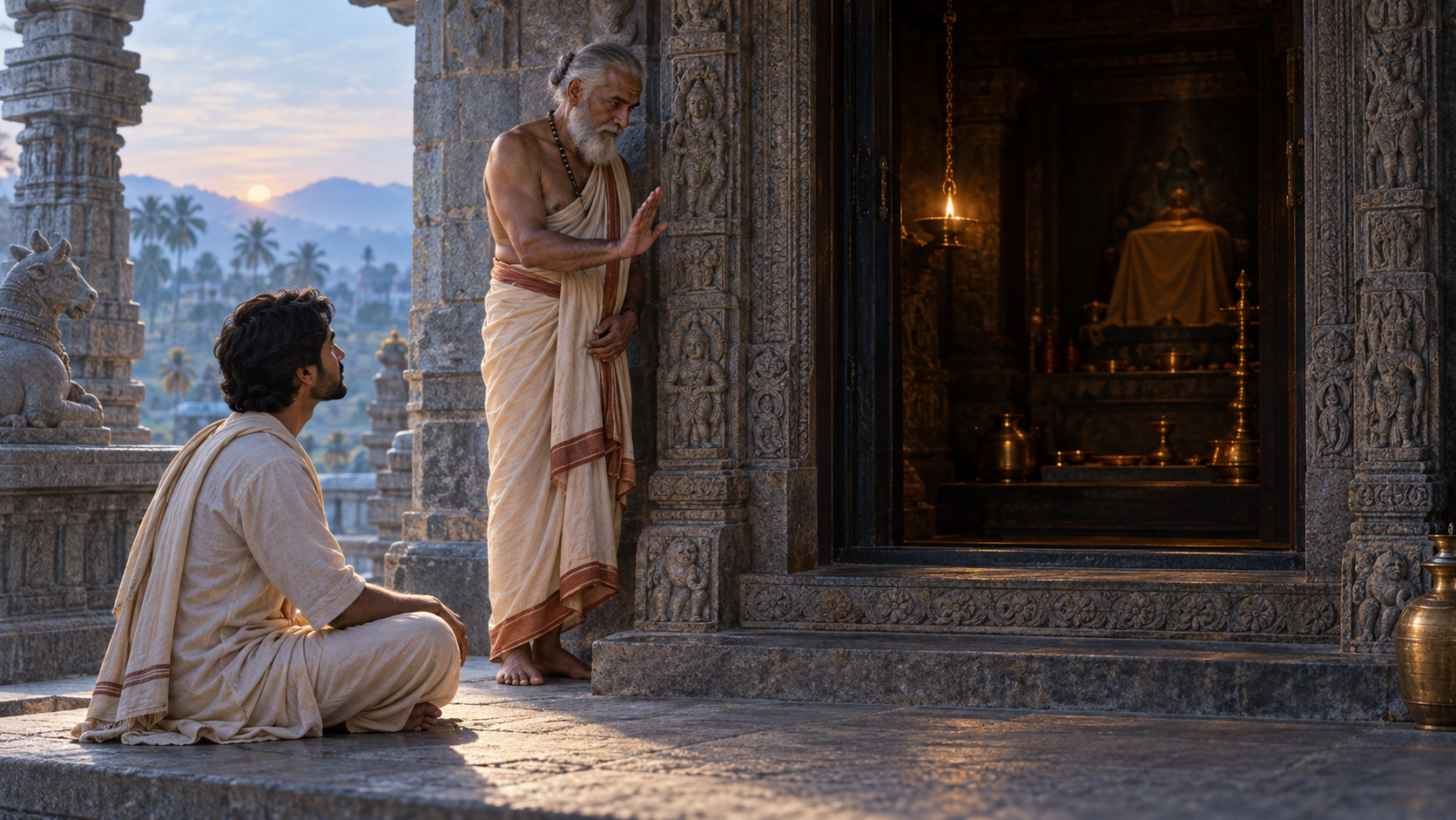 A seated seeker waits outside a closed temple sanctum while a traditional teacher stands beside the guarded threshold.