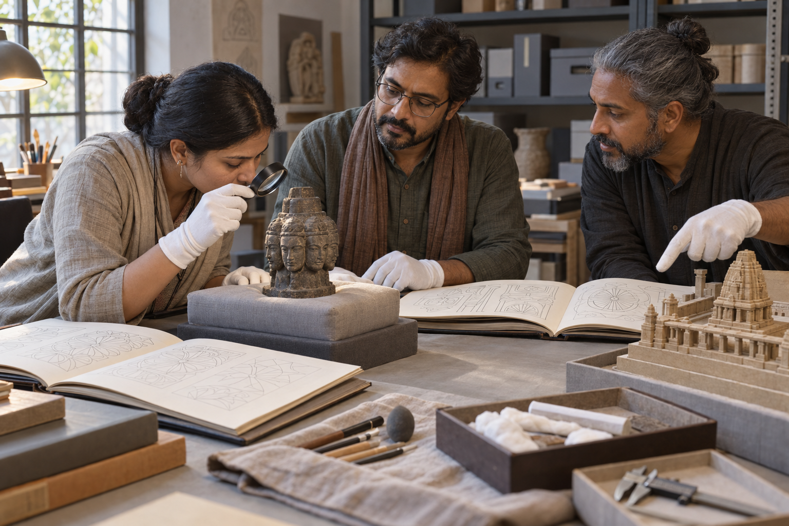 Three fictional specialists carefully examine an eight-faced stone icon in a conservation study room.