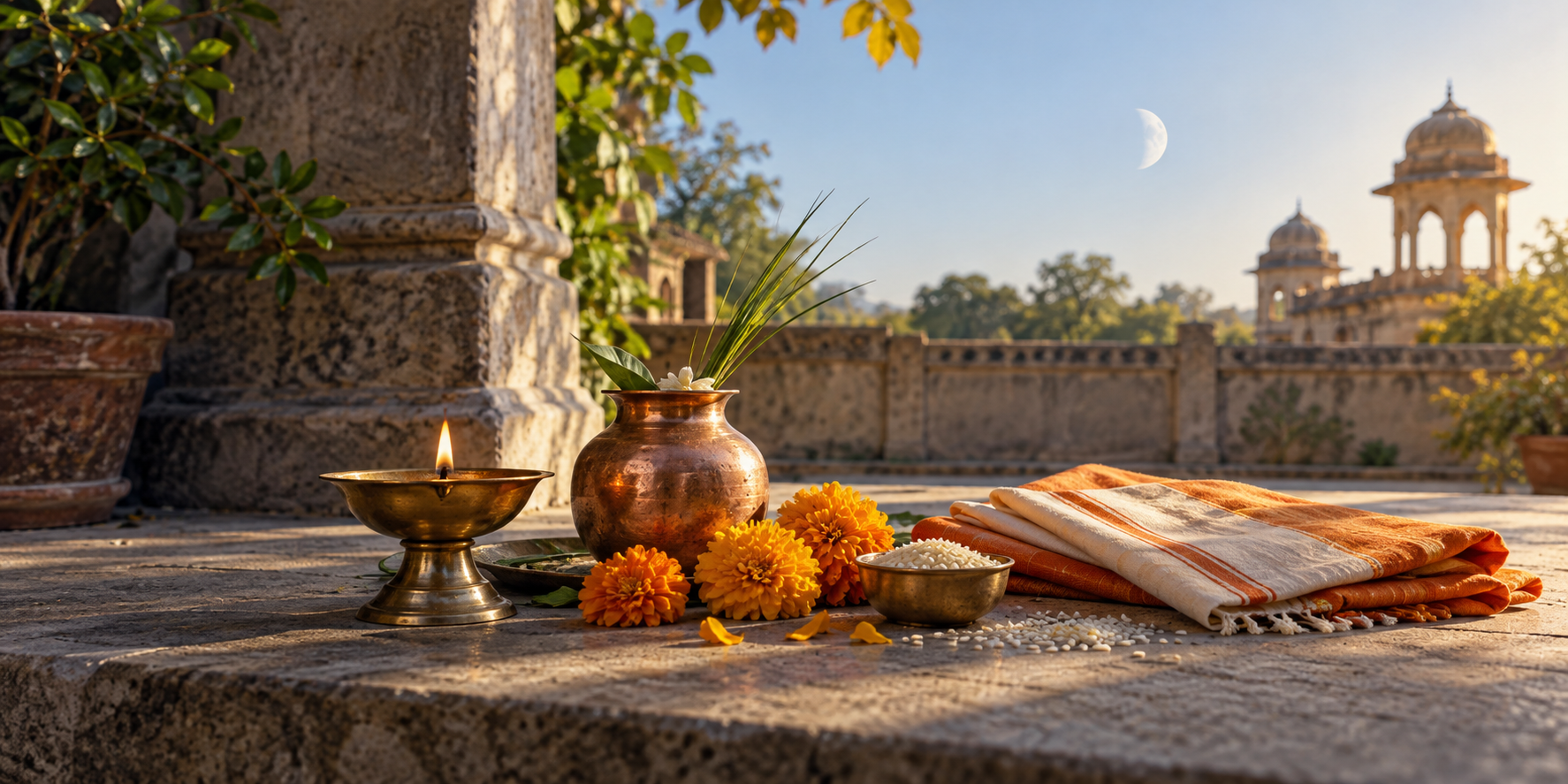 Brass puja items and marigold flowers arranged in a courtyard as morning light crosses the scene and a pale waning moon remains in the sky.