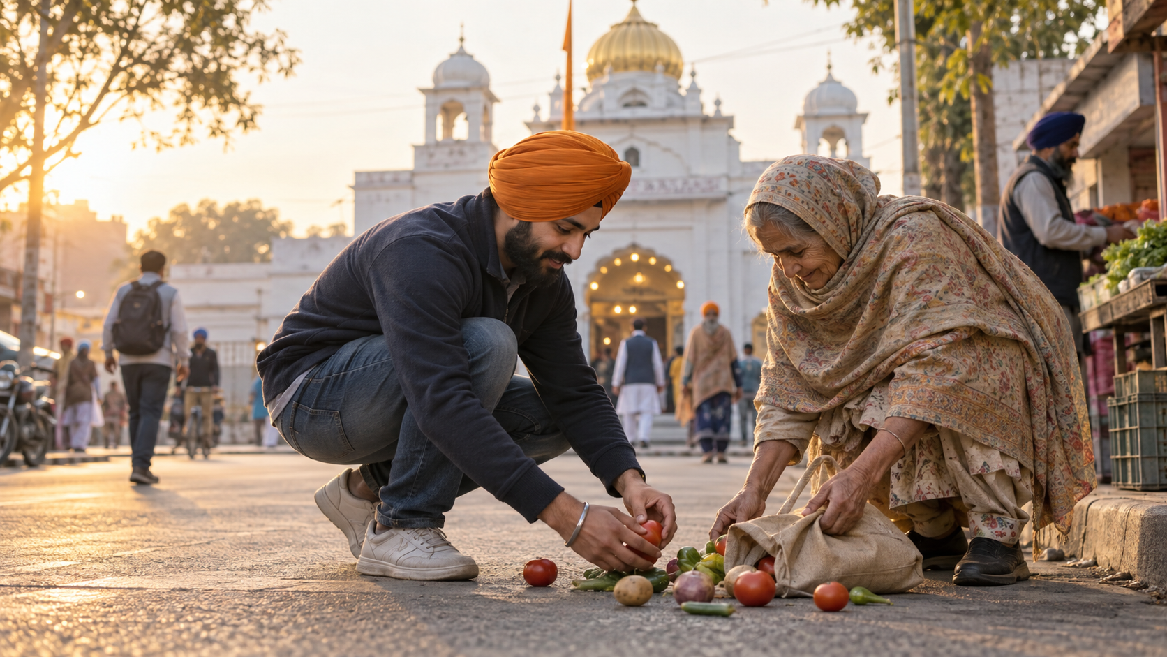 A turbaned Sikh adult helps an older passerby gather spilled groceries outside a gurdwara at dawn.