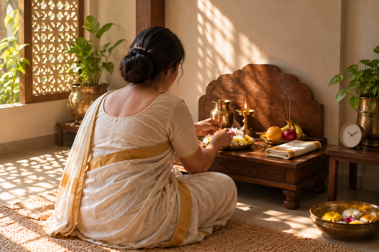 A worshipper arranges a diya, flowers, fruit, and a water vessel beside an unnumbered clock in a sunlit home prayer space.