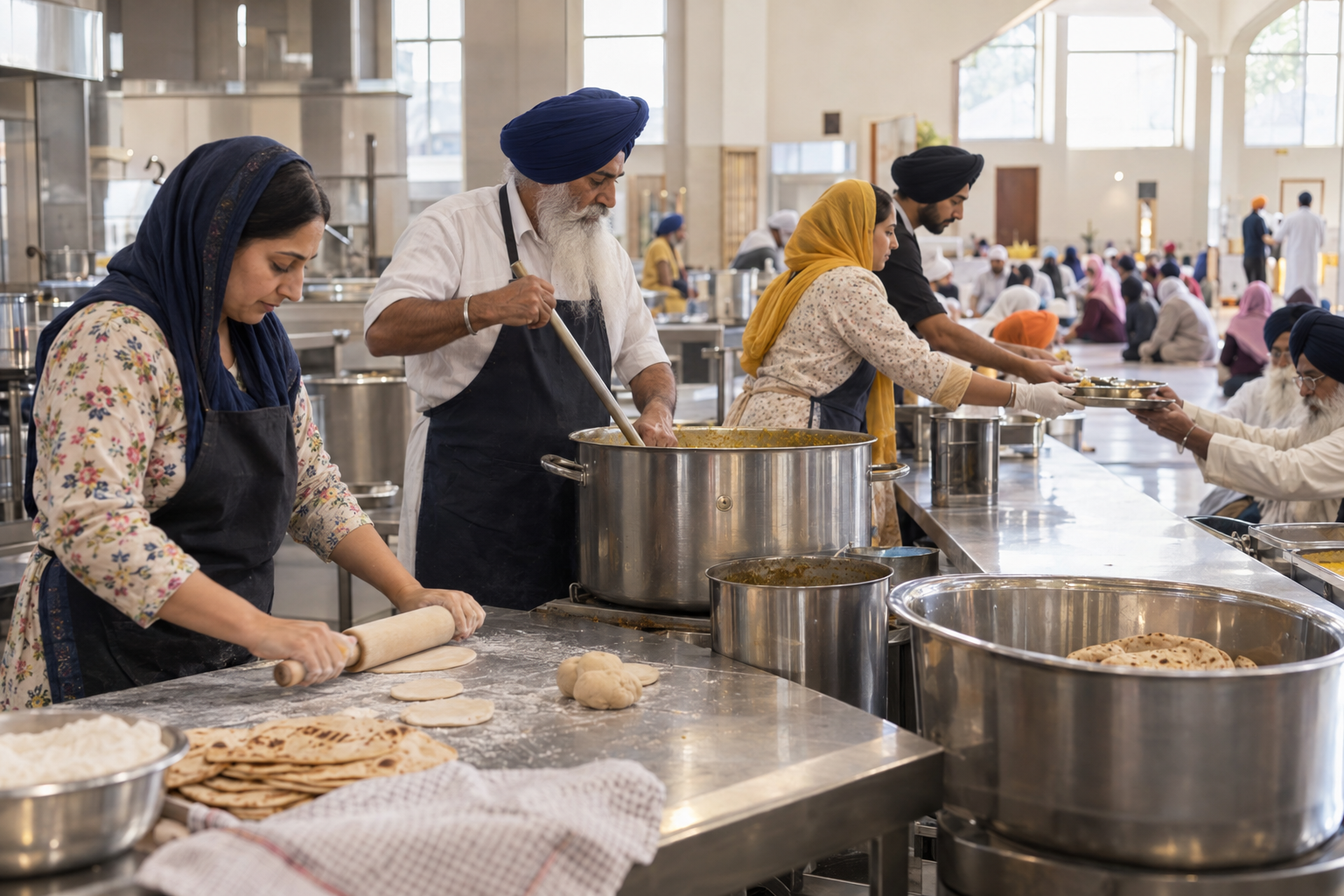 Volunteers wearing head coverings prepare and serve a communal meal in a gurdwara kitchen.