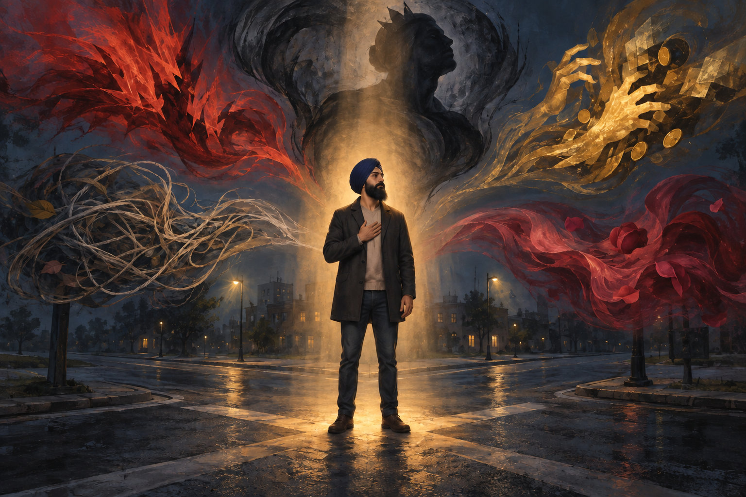 A calm turbaned figure stands in warm light while five abstract shadow forms swirl around a dark crossroads.