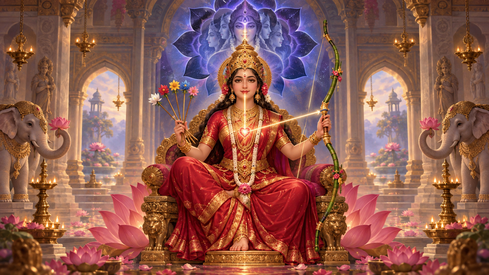 Lalita holds a sugarcane bow and flower-tipped arrows beneath a glowing indigo brow-lotus containing a many-faceted feminine presence.