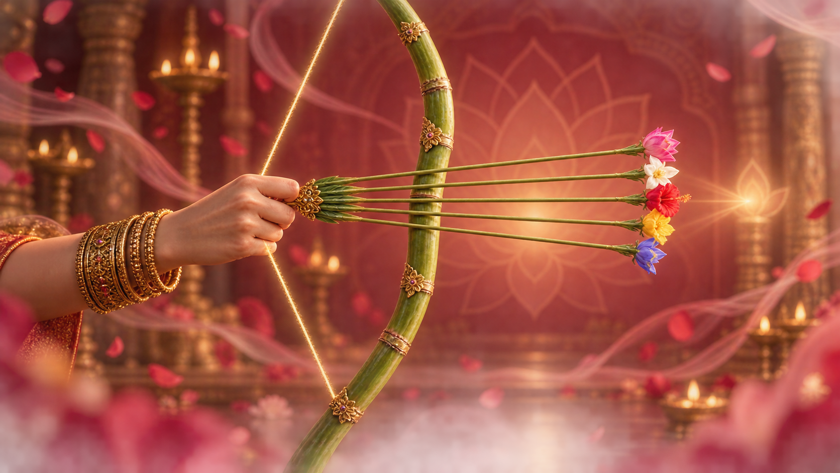 A bangle-wearing hand steadies a green sugarcane bow while five flower-tipped arrows align toward a point of light.
