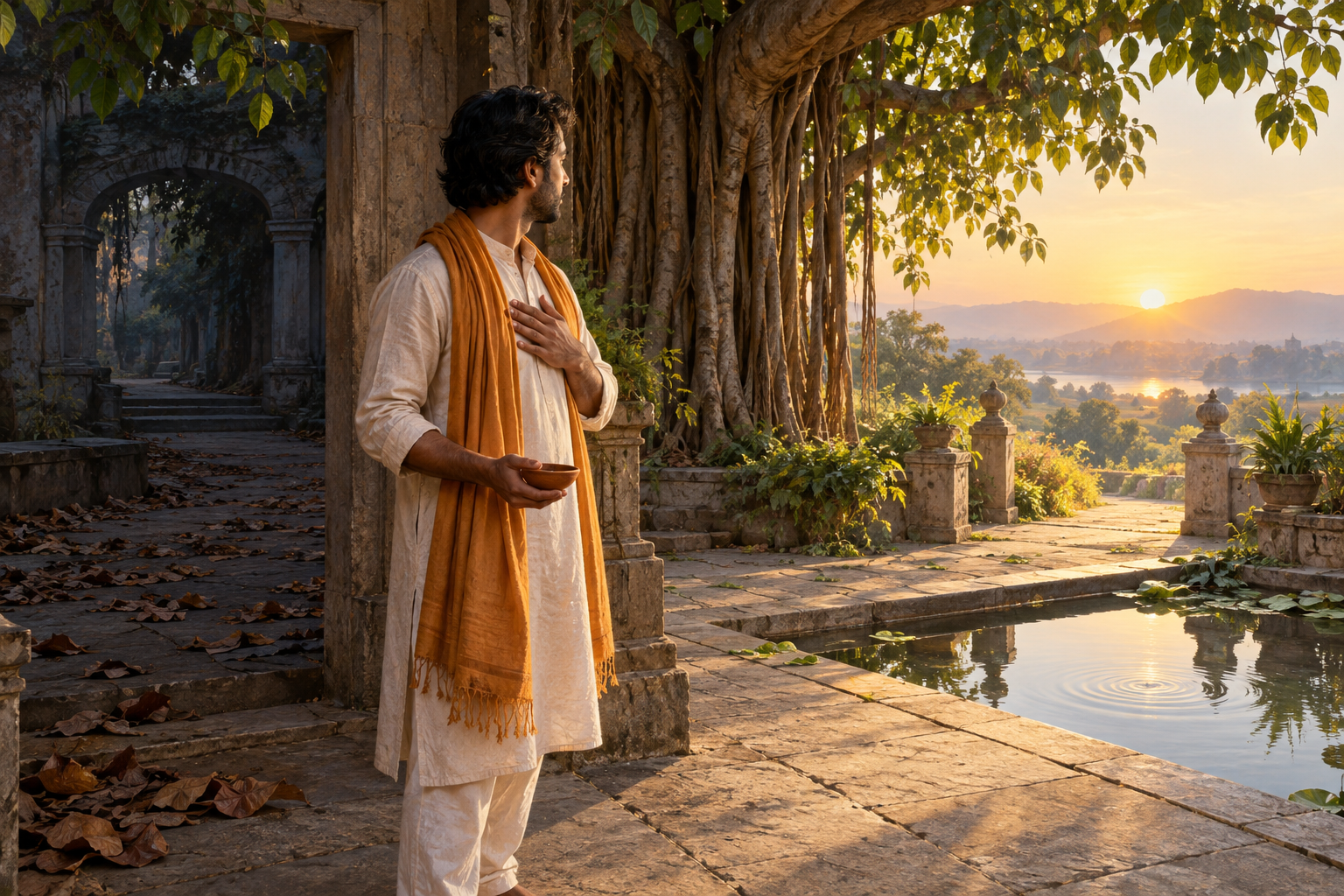 An Indian adult stands beneath a banyan tree at dawn, looking from a shadowed trail behind toward a sunlit path ahead while holding a clay lamp.
