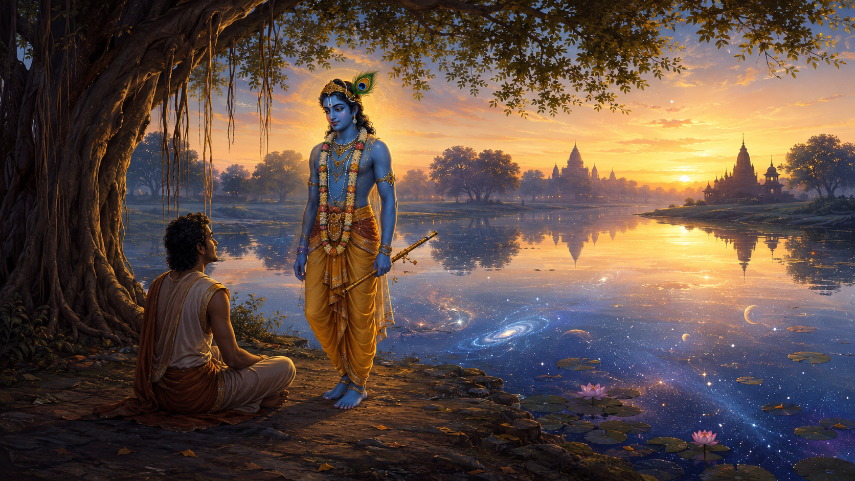 Krishna stands by a river at dawn while a seeker sits beneath a banyan tree facing him, with stars and distant landscapes reflected in the water.