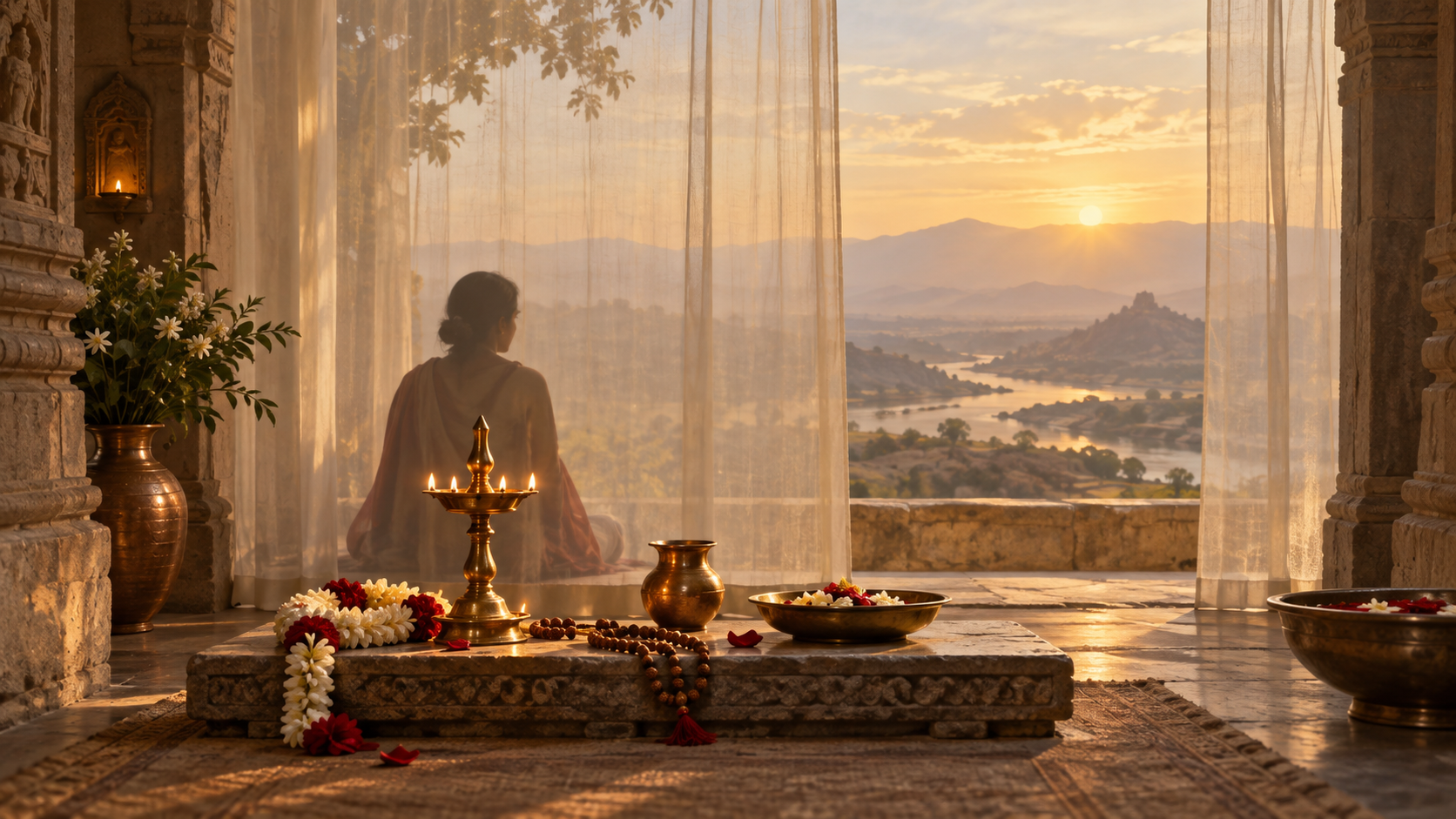 A brass lamp, flowers, prayer beads, water vessel, and offering bowl rest before a translucent curtain with a bright landscape beyond it.
