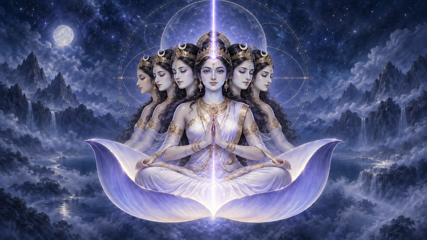 A six-faced feminine deity sits within a glowing two-petaled indigo lotus, with a focused ray emerging from its center.