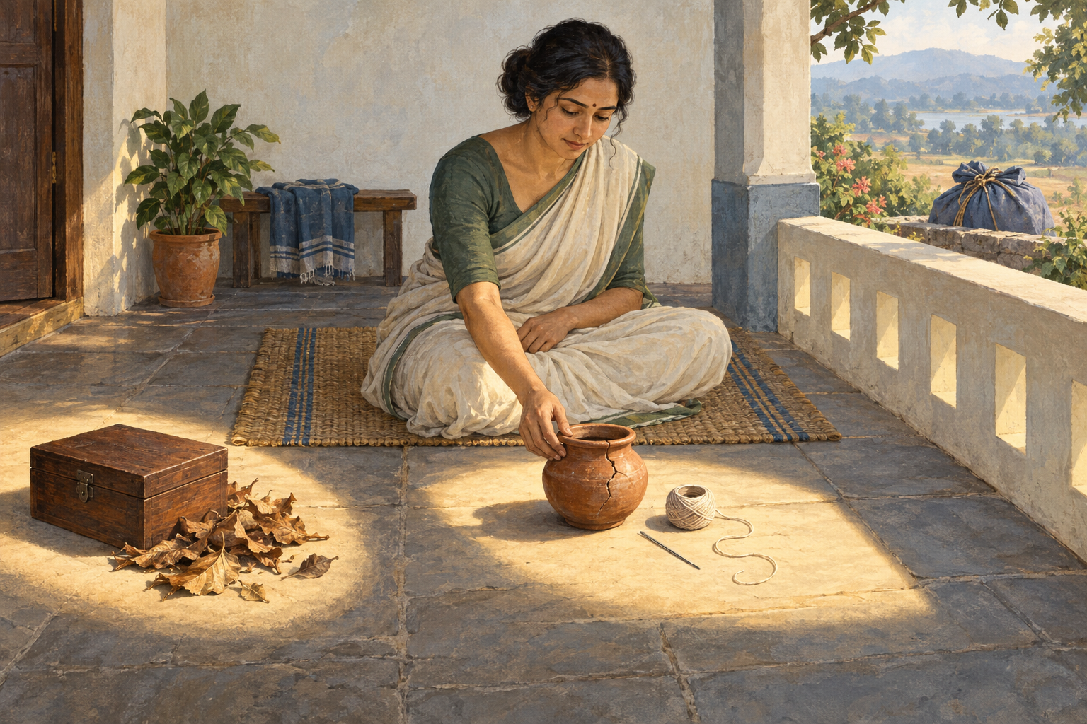 A person on a veranda sorts a sealed box, a repairable clay vessel, and a distant bundle into three separate groups.