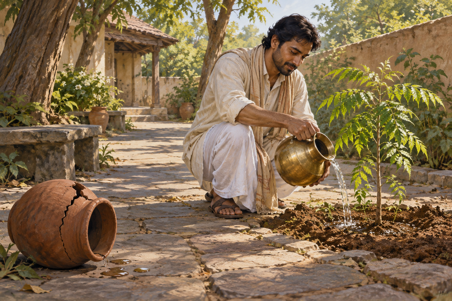 An Indian adult waters a young neem sapling while a cracked clay pot rests empty in the shaded foreground.
