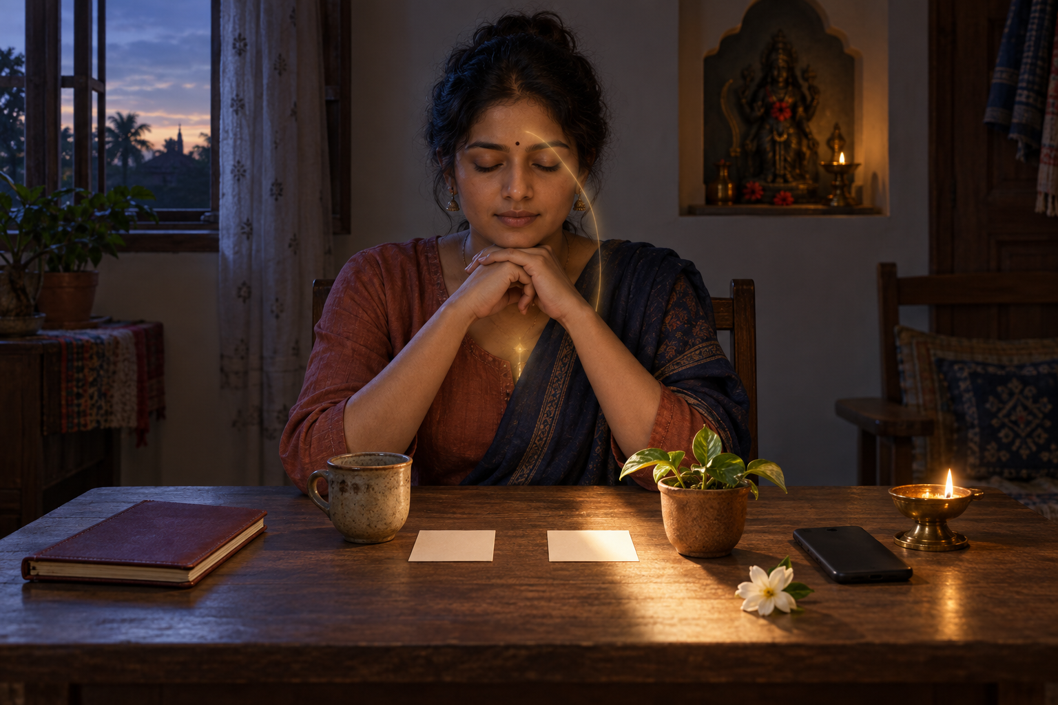 A woman pauses at a table with two unmarked choices, a closed notebook, an oil lamp, and a flower as dawn light enters the room.