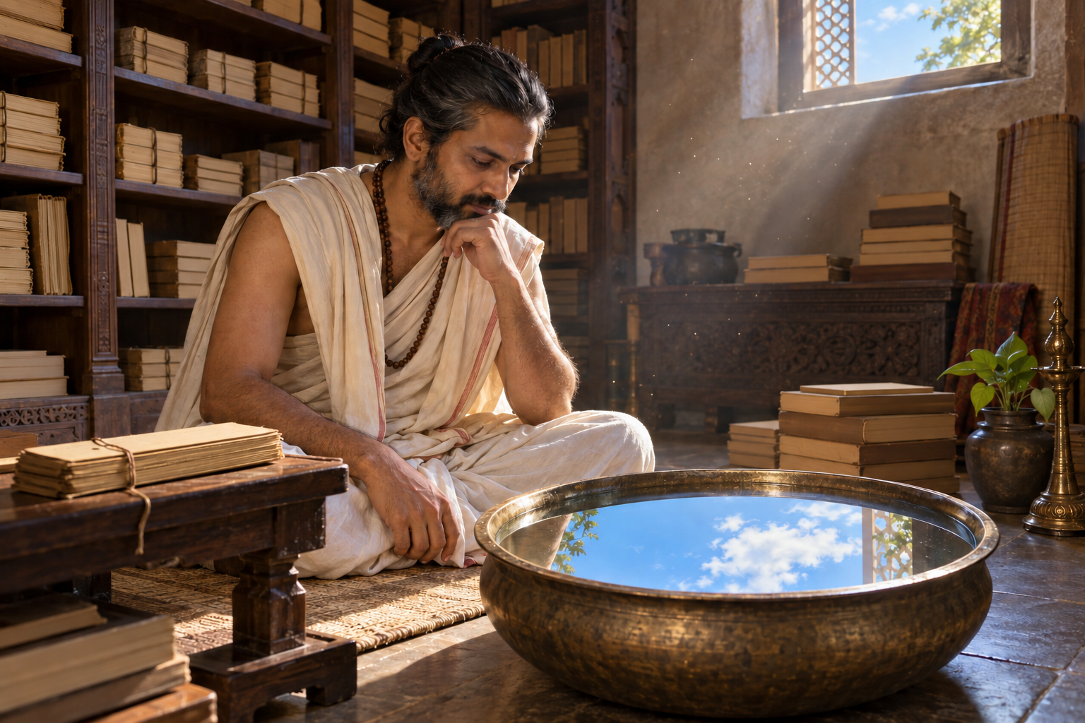 A scholar surrounded by palm-leaf manuscripts looks into a still water basin that reflects the blue sky from a nearby window.