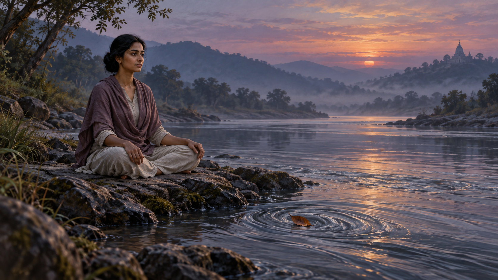 A person meditates beside a twilight river as a fallen leaf moves from a small eddy into the downstream current.