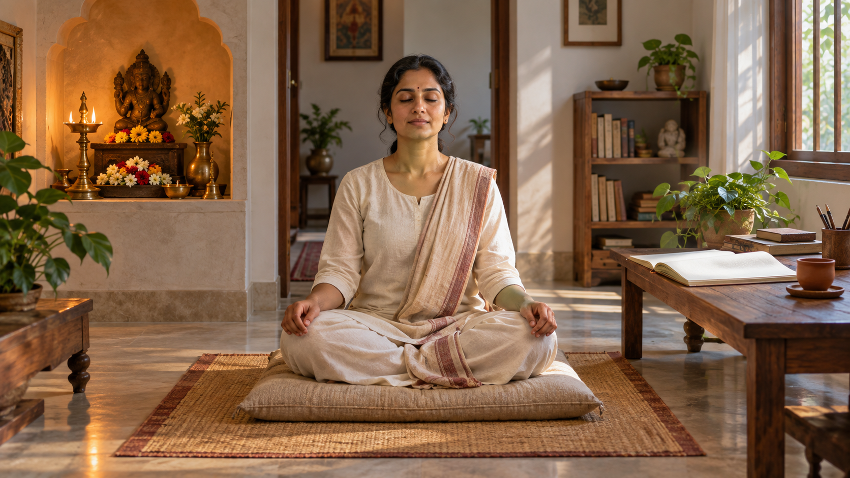 A practitioner meditates between a simple flower-lit home shrine and a study space with an open manuscript and cushion.