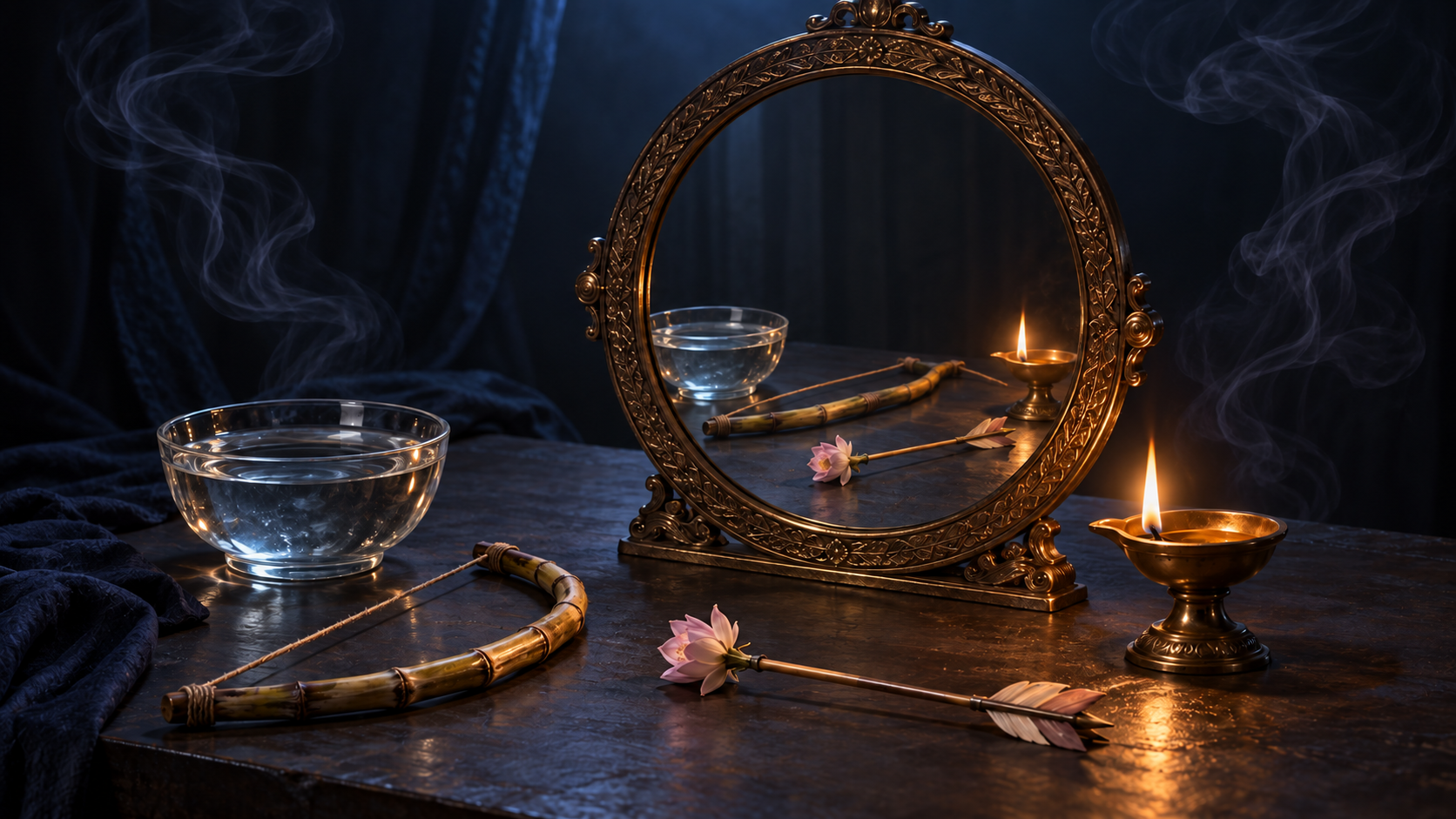 A bronze mirror reflects a relaxed sugarcane bow, flower arrow, water bowl, and oil lamp while smoke dissolves around its edges.