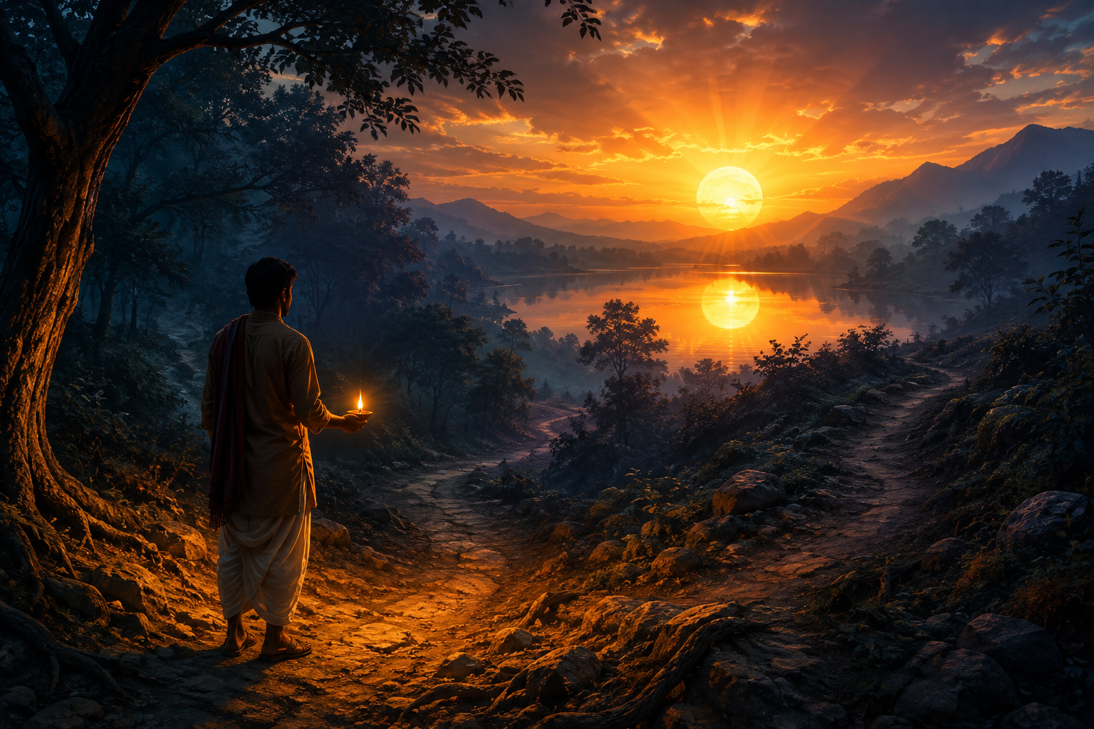 A traveler uses an oil lamp to see a branching forest path while a steady sunrise glows beyond a distant lake.