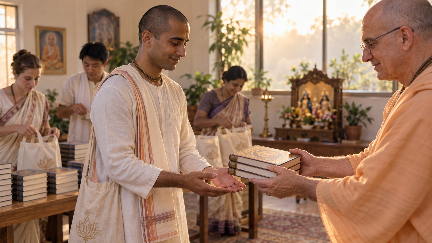 A devotee receives a stack of sacred books from a senior volunteer while others prepare materials in a temple community room.
