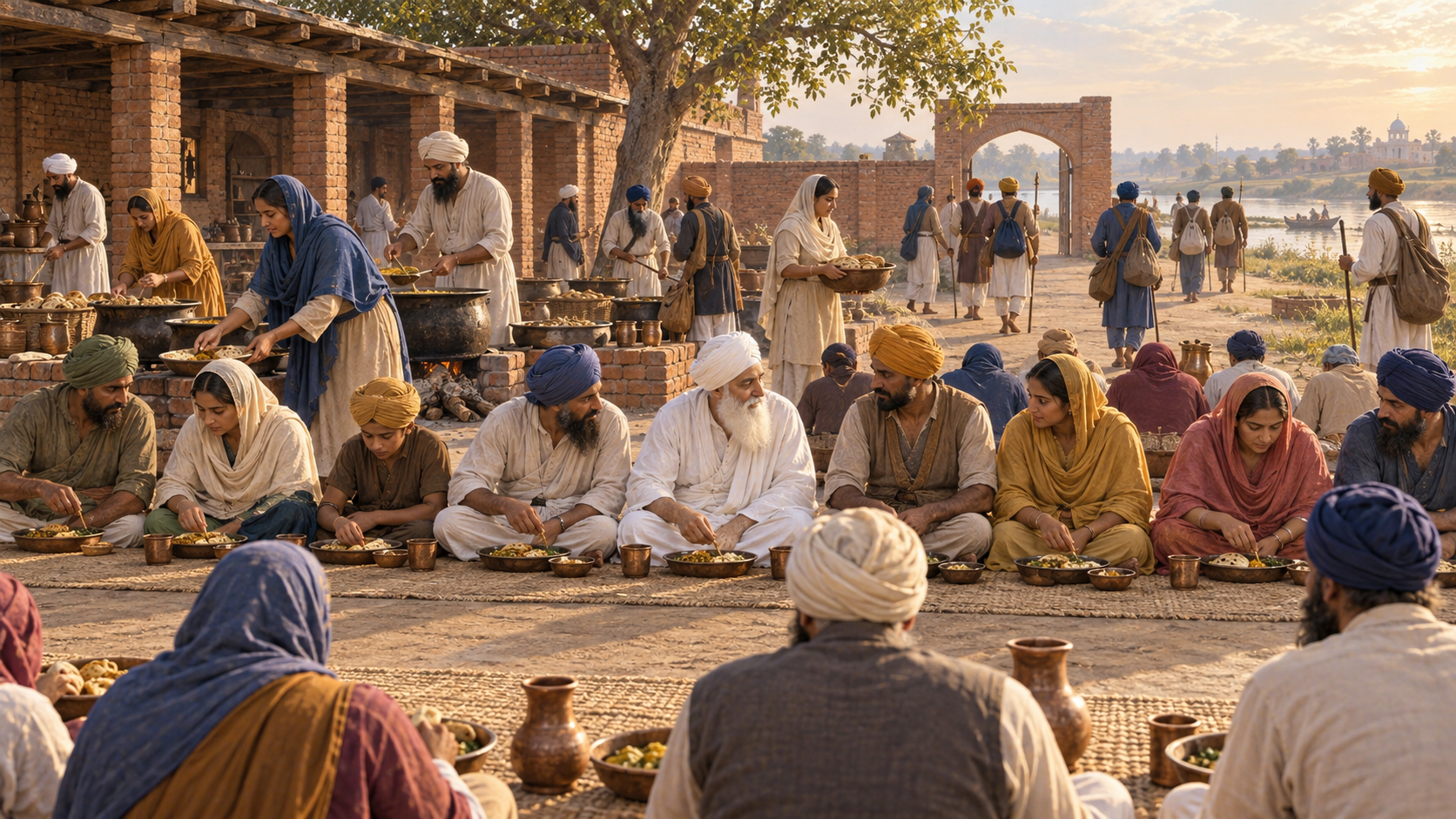Guru Amar Das Ji sits among a diverse sixteenth-century Punjabi congregation as volunteers prepare and serve a communal meal and community stewards depart for other settlements.