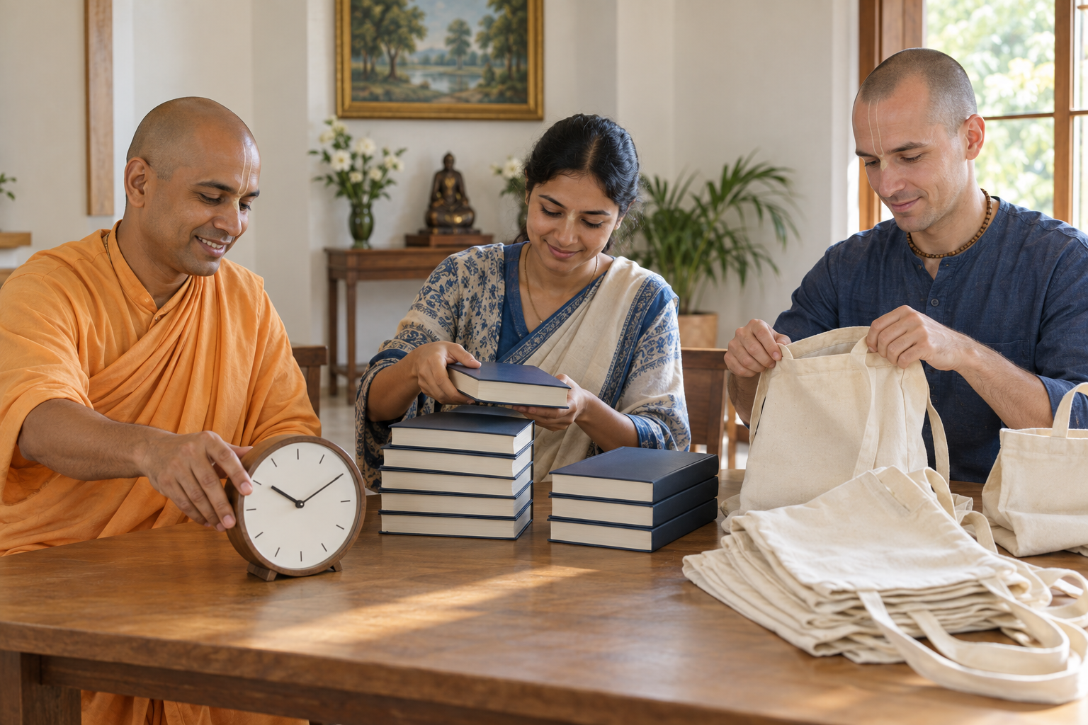 Three devotees organize sacred books, cloth bags, and their available time around a wooden table.